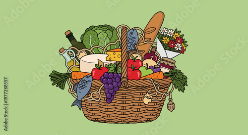 A vibrant illustration of a wicker basket overflowing with fresh produce, bread, cheese, and flowers, evoking a sense of abundance and healthy eating.