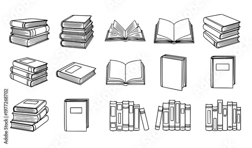 Hand drawn book outline sketch set with library and bookstore icons for education back to school design