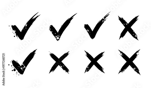 Grunge tick and cross brush set with scribble marks for yes no true false and approval rejection design