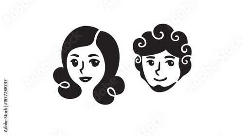 Faces cartoon couple black silhouette with curly hair and simple details, representing partnership and companionship on white.