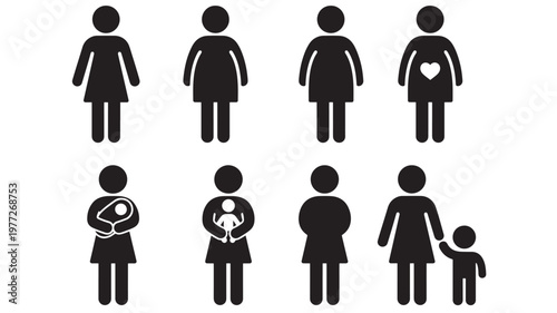 Female figures icons representing different life stages from single to motherhood with baby and toddler.