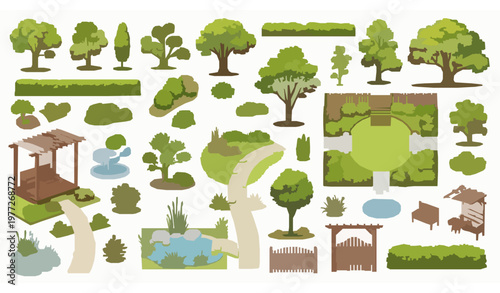 Landscape design elements collection for custom garden plan with trees plants paths and outdoor features