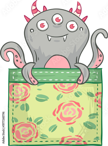 Cute cartoon monster with horns peeking from pocket