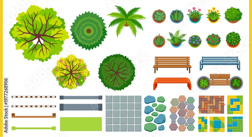 Aerial view of various plants trees furniture and landscaping elements