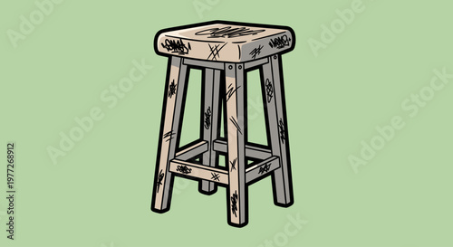 A cartoon-style illustration of a stool with graffiti on a green background, conveying a casual and urban mood.