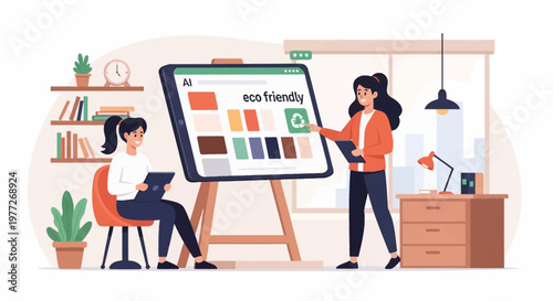 Two Women Discussing Color Palette on Screen.