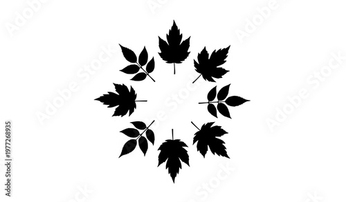 Minimalist black autumn leaf silhouettes in circular arrangement for botanical and seasonal design