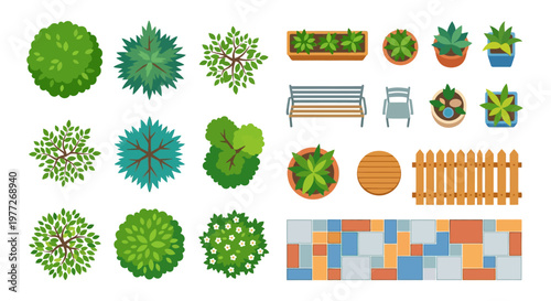 Top down view of garden elements including trees benches and flowerbeds