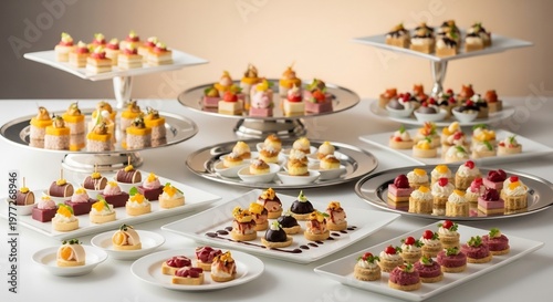 Elegant display of assorted miniature pastries and desserts on tiered serving platters for a special event.