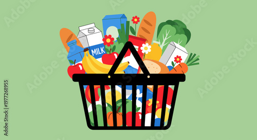 A colorful illustration of a shopping basket filled with fresh produce and food items.