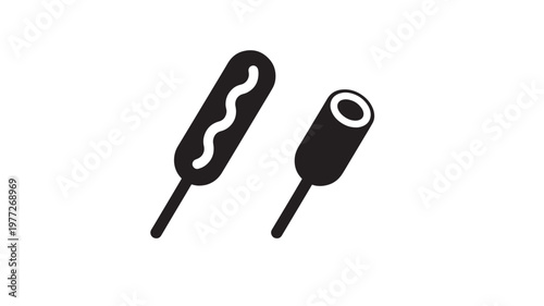 Corn dog icon with mustard squiggle and an un-dipped corn dog. featuring sausage, pastry, batter with fried and snack elements for street food, fast