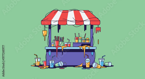 A colorful illustration of a disorganized food cart with drinks spilled all around, conveying a sense of chaos and disarray.