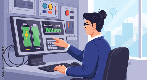 Woman Analyzing Battery Data on Computer Screen.