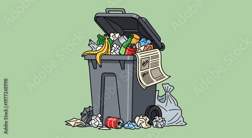 A cartoon illustration of a gray trash can overflowing with garbage, symbolizing waste management issues and environmental concerns.