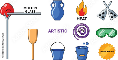Glassblowing and Artistic Craft Icon Set for Molten Glass, Heat, Handcrafted Creations, and Artistic Tools
