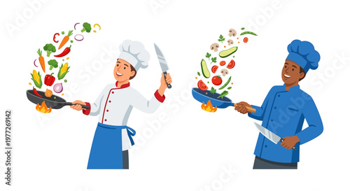 Two cheerful chefs preparing colorful vegetable stir fries with enthusiasm