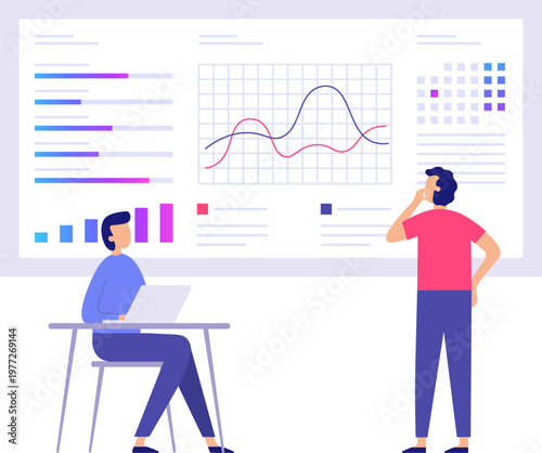Businesspeople analyzing data statistics on a large screen