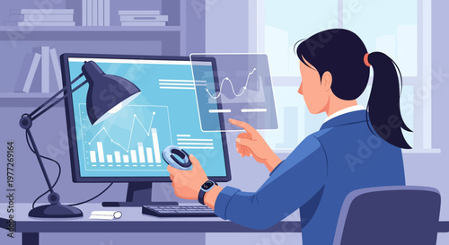 Woman analyzing data on computer screen.