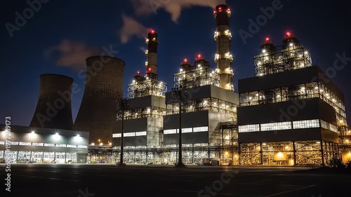 Industrial Facility at Nighting Power Plant Scene Lighting and Structures