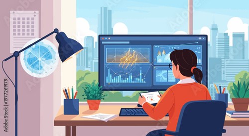 Woman Analyzing Data on Computer Screen.