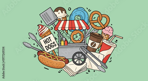A playful cartoon illustration of a street food cart with various treats and drinks, conveying a sense of fun and casual dining.