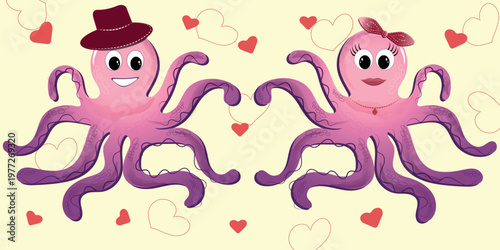 A couple of octopuses in love, a boy and a girl