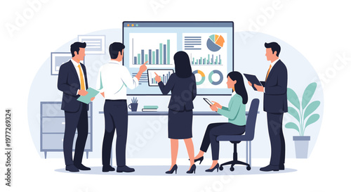 Business team analyzing data and financial reports on a large screen in an office meeting.