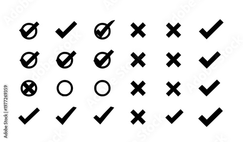 Tick and cross icon set for true false correct incorrect accept reject decision UI design vector collection