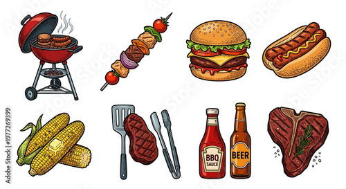Assorted grilled foods including burgers hotdogs and steak with sides