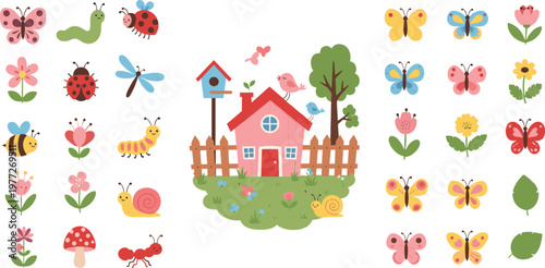 Cartoon Garden and Nature Collection Featuring Flowers, Bees, Butterflies, Snails, and a Cozy House for Fun Spring and Outdoor Designs