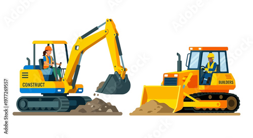 Construction vehicles an excavator and bulldozer working on a site