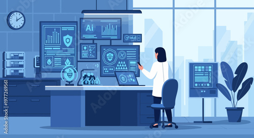 Woman Analyzing Data on Multiple Screens.