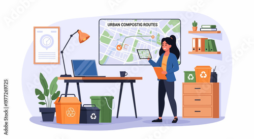 Woman Analyzing Urban Compost Rules on Tablet.