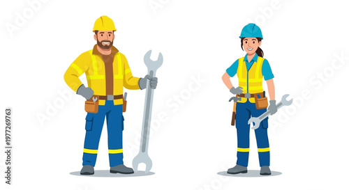 Two construction workers a man and a woman holding wrenches