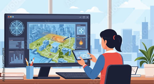 Woman Analyzing Geographic Data on Computer Screen.