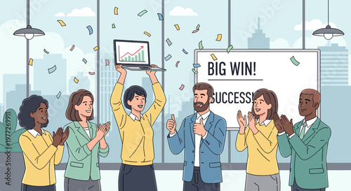 A diverse business team celebrates a big win and success in their office with confetti falling.