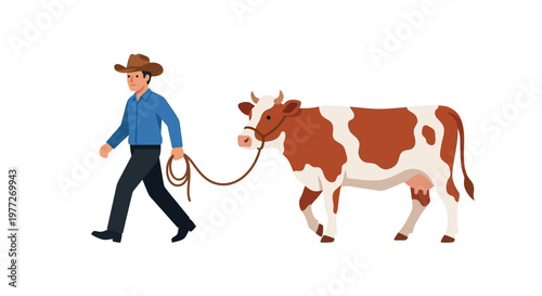 Cowboy leading a brown and white cow with a rope