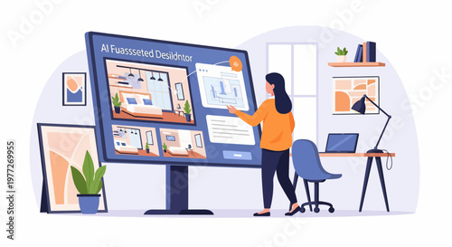 Woman Designing on Large Computer Screen.