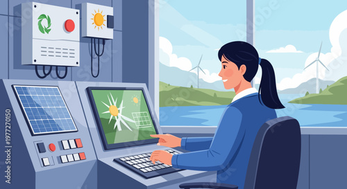 Woman Operating Control Room Computers and Panels.