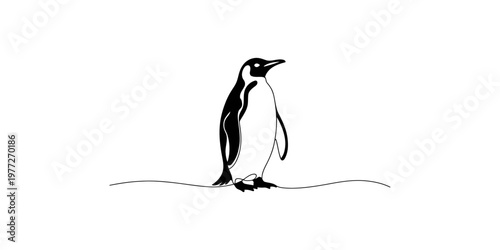 A black and white illustration of a penguin standing on a wavy surface bird drawing