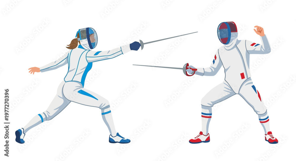 Fototapeta premium Two fencers engaged in a bout displaying dynamic athletic poses