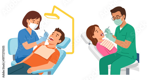Family dental checkup with a dentist and two patients wearing masks