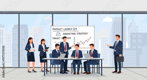 A team of business professionals conducting a product launch and marketing strategy meeting in a modern office with city views.