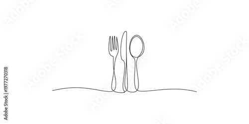 Continuous line drawing of a fork knife and spoon on a table utensils dining setting