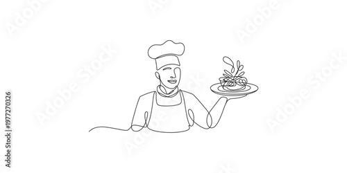 Continuous line drawing of a chef presenting a plate of food with a smile cook
