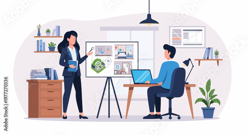 Woman Presenting to Man at Office Desk.