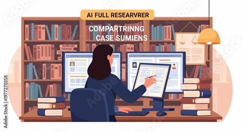 Woman Researching on Computer with Multiple Monitors.