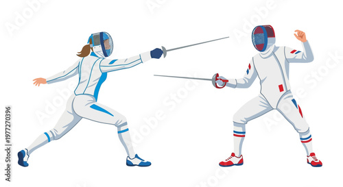 Two fencers engaged in a bout displaying dynamic athletic poses