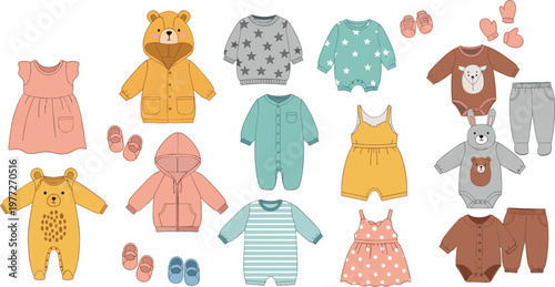 Baby clothes collection vector illustration with cute outfits, rompers, dresses and accessories, adorable newborn apparel set for kids fashion design and nursery themes