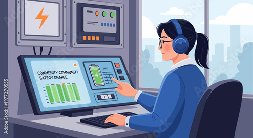 Woman Working on Computer with Headphones.